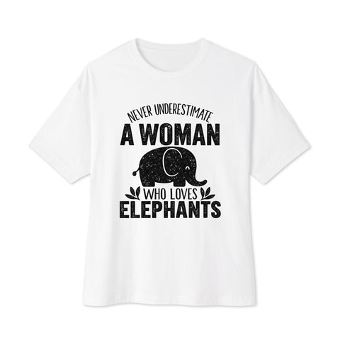 White unisex oversized boxy tee – original Never Underestimate an Elephant Lover front graphic – ZIPZAPPA