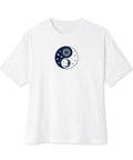 Celestial Balance oversized boxy tee in White – front with sun and moon yin-yang artwork