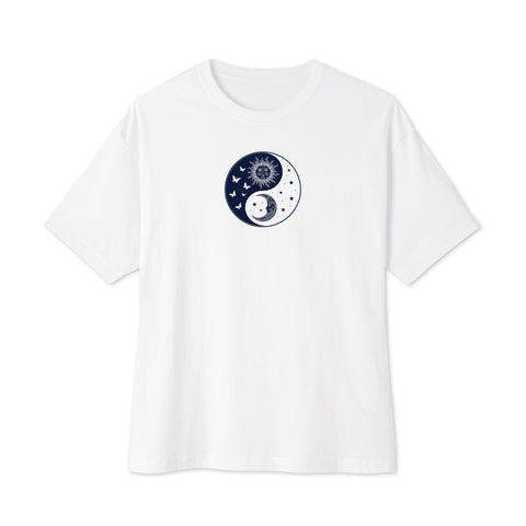 Celestial Balance oversized boxy tee in White – front with sun and moon yin-yang artwork