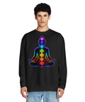 Model wearing a black Neon Chakra Meditation fleece sweatshirt, showing one large rainbow meditation figure positioned high on the front, with plain sleeves.