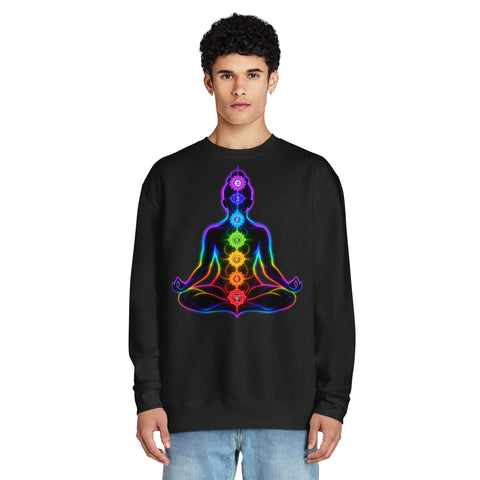 Model wearing a black Neon Chakra Meditation fleece sweatshirt, showing one large rainbow meditation figure positioned high on the front, with plain sleeves.