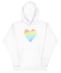 White Rainbow Heart unisex pullover hoodie with one colourful heart print on the front, a pouch pocket and drawstring hood.