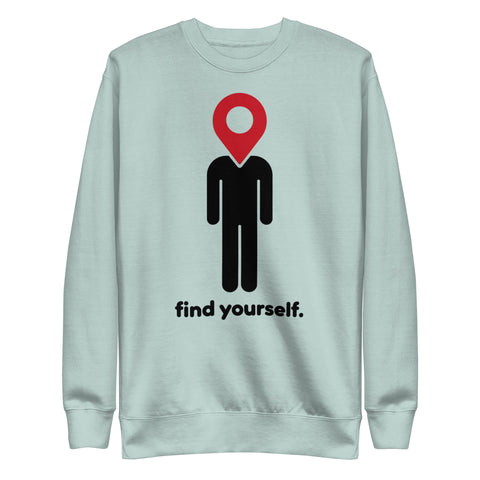Find Yourself premium crewneck sweatshirt in agave – complete front graphic, red map-pin and black figure design