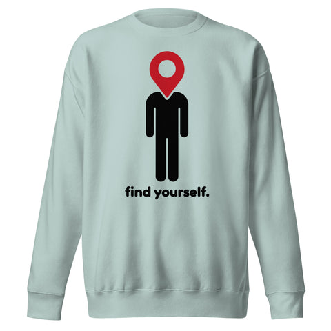 Find Yourself premium crewneck sweatshirt in agave – complete front graphic, red map-pin and black figure design