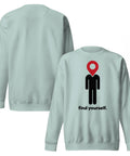 Find Yourself premium crewneck sweatshirt in agave – front artwork and plain reverse, red map-pin and black figure design