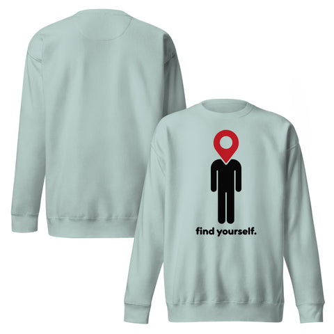 Find Yourself premium crewneck sweatshirt in agave – front artwork and plain reverse, red map-pin and black figure design