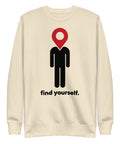 Find Yourself premium crewneck sweatshirt in bone – complete front graphic, red map-pin and black figure design