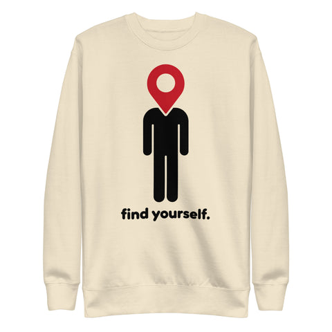 Find Yourself premium crewneck sweatshirt in bone – complete front graphic, red map-pin and black figure design