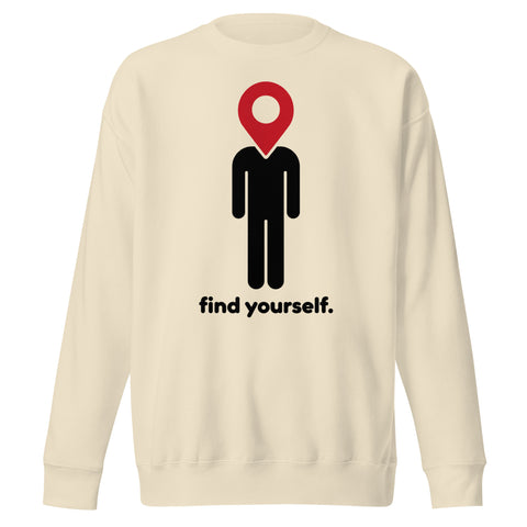 Find Yourself premium crewneck sweatshirt in bone – complete front graphic, red map-pin and black figure design