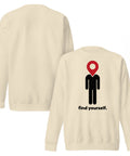 Find Yourself premium crewneck sweatshirt in bone – front artwork and plain reverse, red map-pin and black figure design
