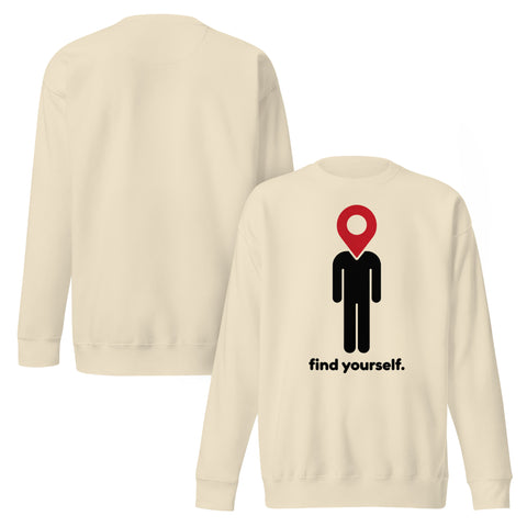 Find Yourself premium crewneck sweatshirt in bone – front artwork and plain reverse, red map-pin and black figure design