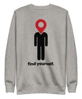 Find Yourself premium crewneck sweatshirt in carbon grey – complete front graphic, red map-pin and black figure design