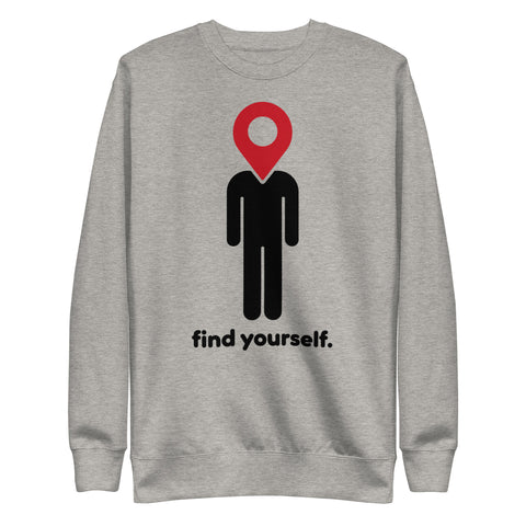 Find Yourself premium crewneck sweatshirt in carbon grey – complete front graphic, red map-pin and black figure design