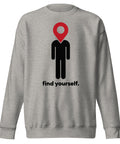 Find Yourself premium crewneck sweatshirt in carbon grey – complete front graphic, red map-pin and black figure design