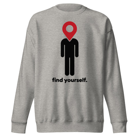 Find Yourself premium crewneck sweatshirt in carbon grey – complete front graphic, red map-pin and black figure design
