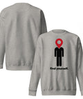 Find Yourself premium crewneck sweatshirt in carbon grey – front artwork and plain reverse, red map-pin and black figure design
