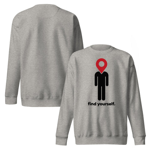 Find Yourself premium crewneck sweatshirt in carbon grey – front artwork and plain reverse, red map-pin and black figure design