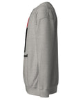 Find Yourself premium crewneck sweatshirt in carbon grey – left side, red map-pin and black figure design