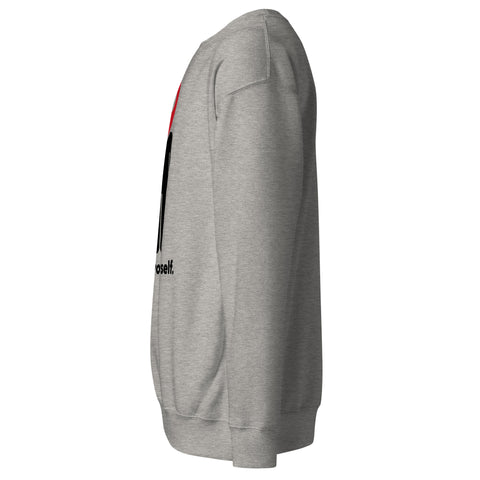 Find Yourself premium crewneck sweatshirt in carbon grey – left side, red map-pin and black figure design