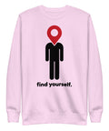 Find Yourself premium crewneck sweatshirt in lavender – complete front graphic, red map-pin and black figure design