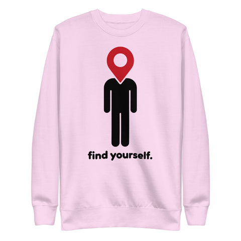 Find Yourself premium crewneck sweatshirt in lavender – complete front graphic, red map-pin and black figure design