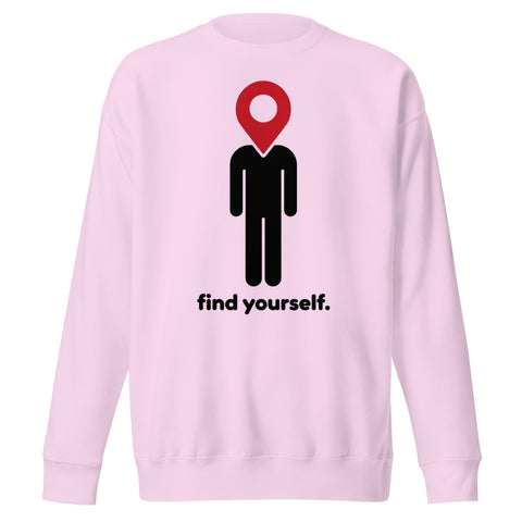 Find Yourself premium crewneck sweatshirt in lavender – complete front graphic, red map-pin and black figure design
