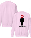 Find Yourself premium crewneck sweatshirt in lavender – front artwork and plain reverse, red map-pin and black figure design