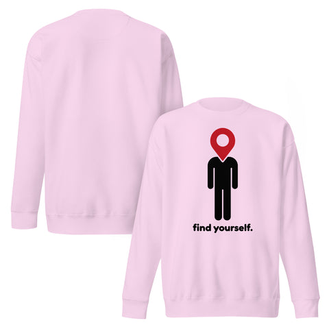 Find Yourself premium crewneck sweatshirt in lavender – front artwork and plain reverse, red map-pin and black figure design