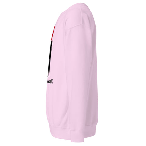 Find Yourself premium crewneck sweatshirt in lavender – left side, red map-pin and black figure design