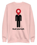 Find Yourself premium crewneck sweatshirt in light pink – complete front graphic, red map-pin and black figure design