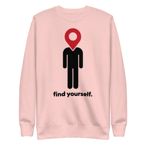 Find Yourself premium crewneck sweatshirt in light pink – complete front graphic, red map-pin and black figure design