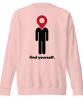 Find Yourself premium crewneck sweatshirt in light pink – complete front graphic, red map-pin and black figure design