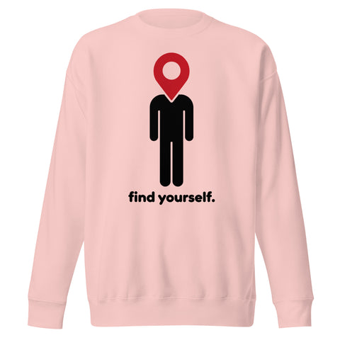 Find Yourself premium crewneck sweatshirt in light pink – complete front graphic, red map-pin and black figure design
