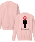 Find Yourself premium crewneck sweatshirt in light pink – front artwork and plain reverse, red map-pin and black figure design
