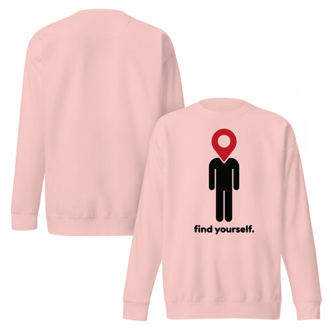 Find Yourself premium crewneck sweatshirt in light pink – front artwork and plain reverse, red map-pin and black figure design