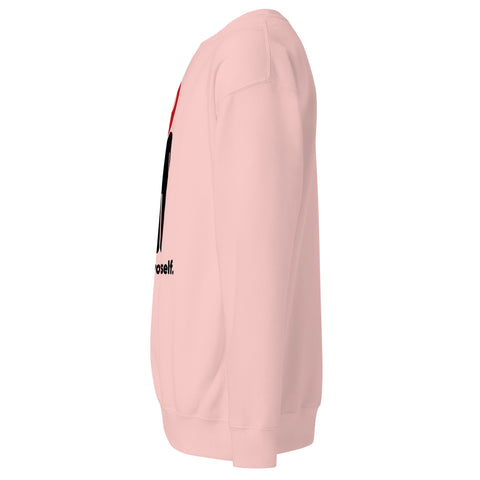 Find Yourself premium crewneck sweatshirt in light pink – left side, red map-pin and black figure design