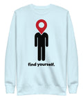 Find Yourself premium crewneck sweatshirt in sky blue – complete front graphic, red map-pin and black figure design