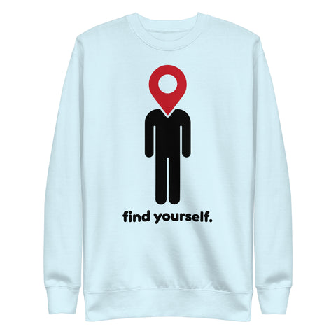 Find Yourself premium crewneck sweatshirt in sky blue – complete front graphic, red map-pin and black figure design