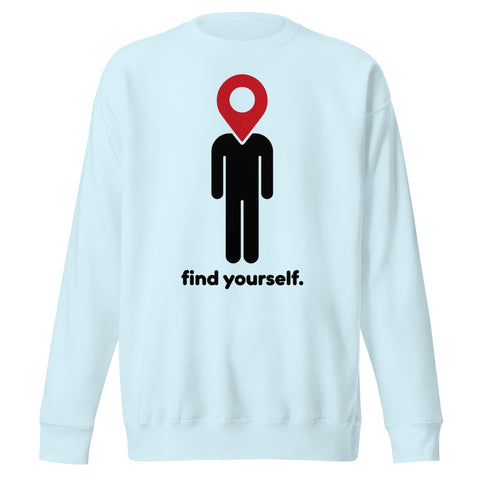 Find Yourself premium crewneck sweatshirt in sky blue – complete front graphic, red map-pin and black figure design