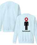 Find Yourself premium crewneck sweatshirt in sky blue – front artwork and plain reverse, red map-pin and black figure design