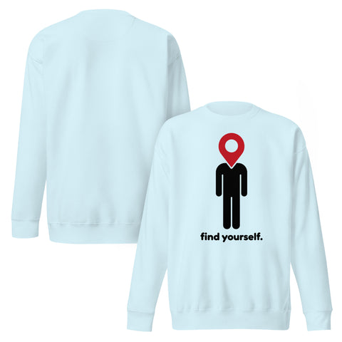 Find Yourself premium crewneck sweatshirt in sky blue – front artwork and plain reverse, red map-pin and black figure design