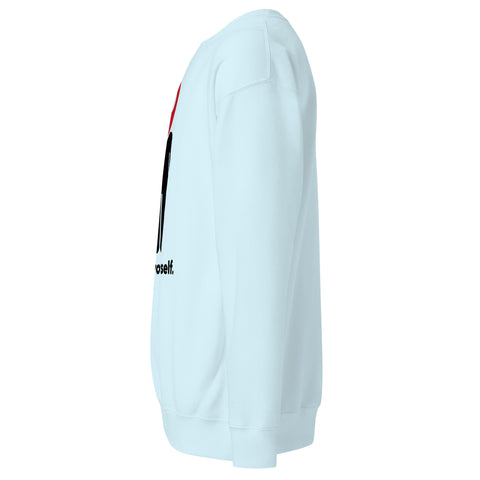 Find Yourself premium crewneck sweatshirt in sky blue – left side, red map-pin and black figure design