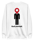 Find Yourself premium crewneck sweatshirt in white – complete front graphic, red map-pin and black figure design