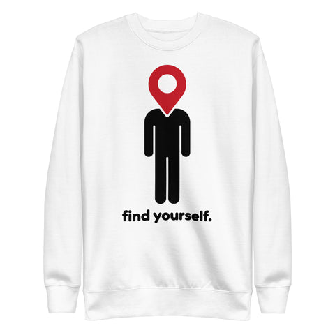 Find Yourself premium crewneck sweatshirt in white – complete front graphic, red map-pin and black figure design
