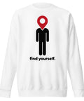 Find Yourself premium crewneck sweatshirt in white – complete front graphic, red map-pin and black figure design