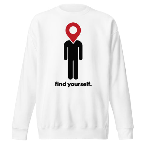 Find Yourself premium crewneck sweatshirt in white – complete front graphic, red map-pin and black figure design