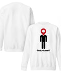 Find Yourself premium crewneck sweatshirt in white – front artwork and plain reverse, red map-pin and black figure design