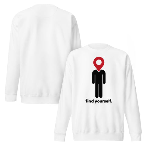 Find Yourself premium crewneck sweatshirt in white – front artwork and plain reverse, red map-pin and black figure design
