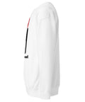 Find Yourself premium crewneck sweatshirt in white – left side, red map-pin and black figure design
