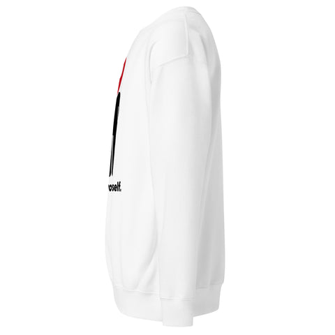 Find Yourself premium crewneck sweatshirt in white – left side, red map-pin and black figure design